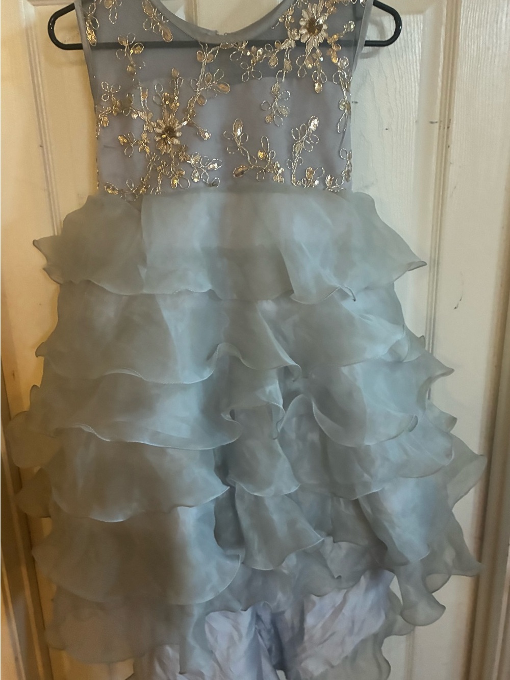 Girls Silver-Gray Ruffled Party Dress with Gold Embroidery